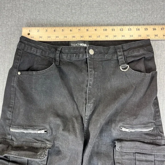 Black baggy wide leg cargo utility‎ jeans Women 15/30X33 high rise hip-hop - Picture 5 of 11